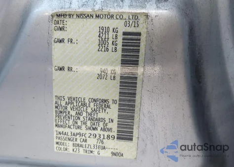 2015 Nissan Altima 2.5/2.5 S/2.5 Sl/2.5 Sv from USA, damaged, VIN 1N4AL3AP9FC293189